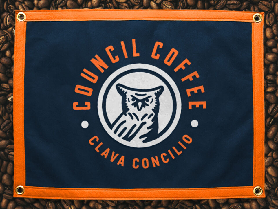 Council Coffee Branding Project, Owl logo on a flag over coffee bean