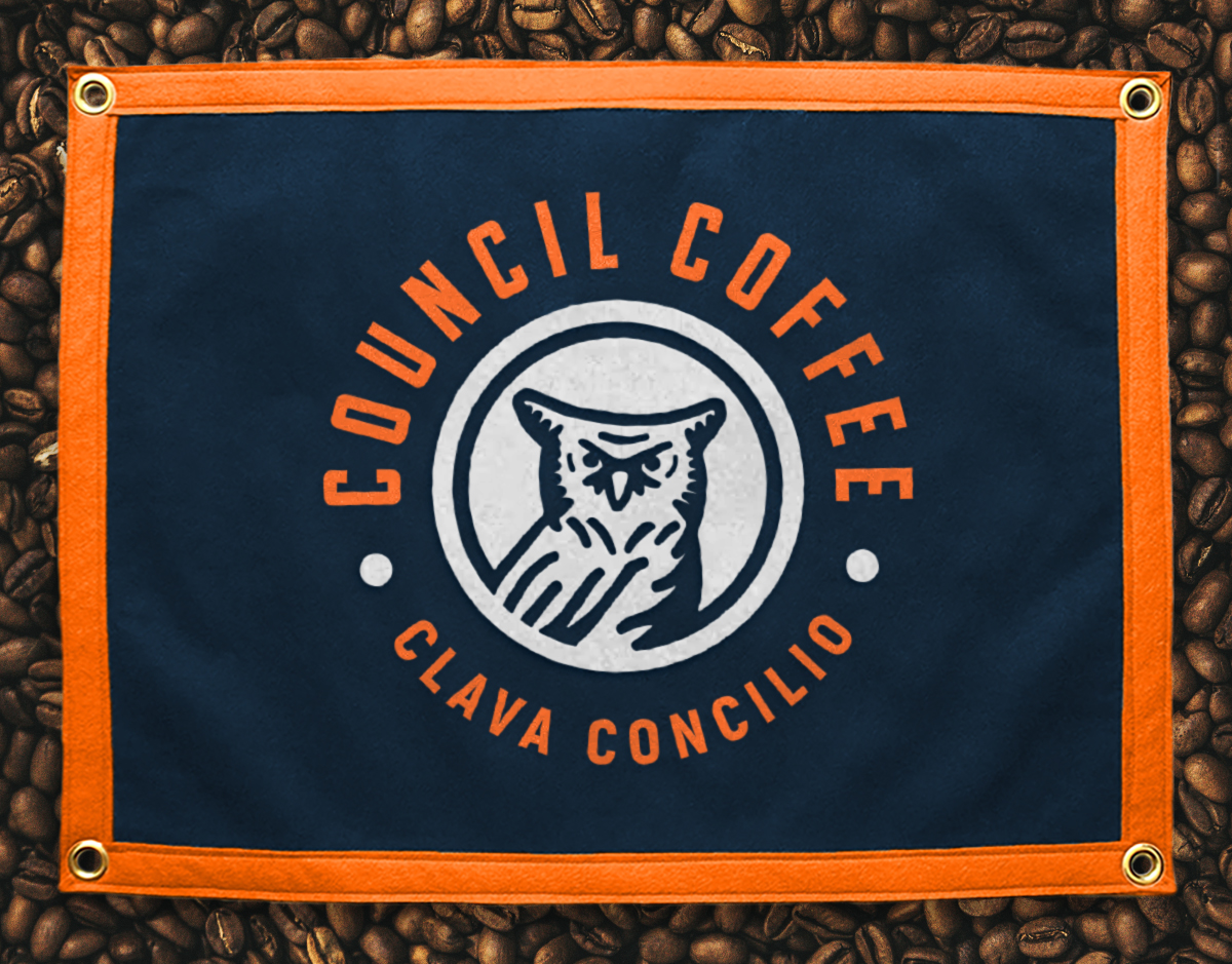 Council Coffee Branding Project, Owl logo on a flag over coffee bean
