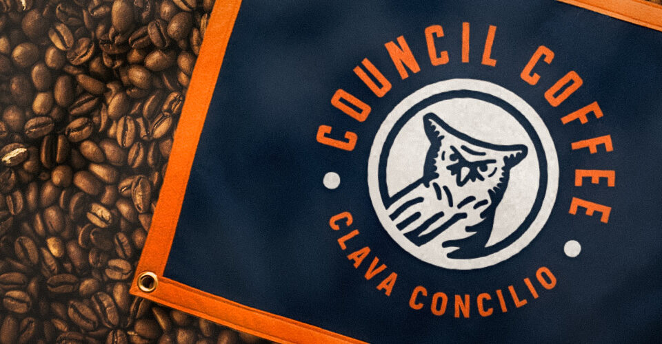 Council Coffee Branding Project, Owl logo on a flag over coffee bean