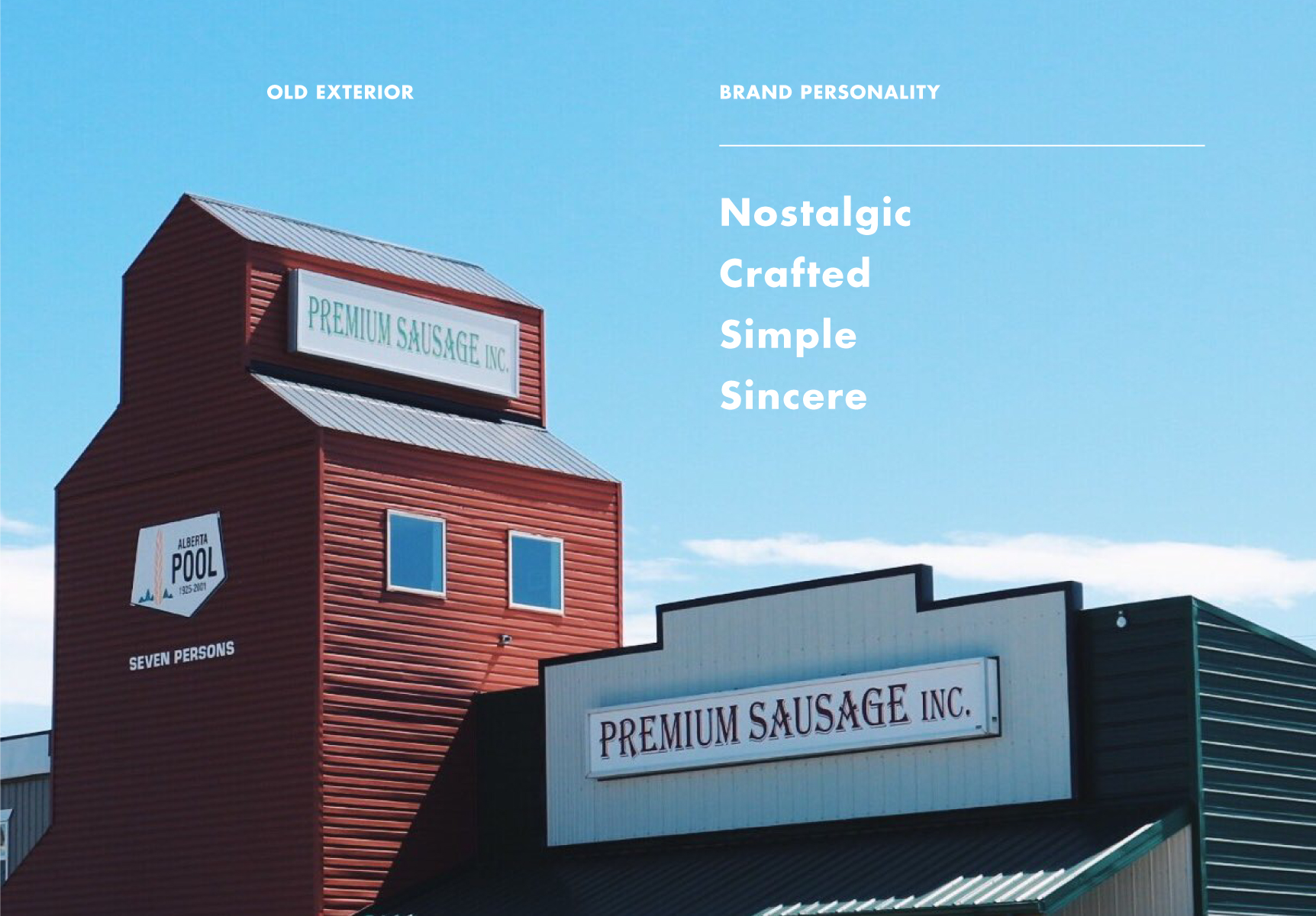 Premium Sausage old exterior. Premium Sausage brand personality: Nostalgic, Crafted, Simple, Sincere