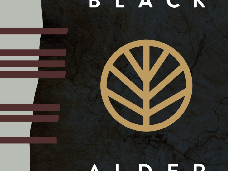 Black Alder Custom Carpentry Visual Identity Project. Circular leaf icon over wood textures
