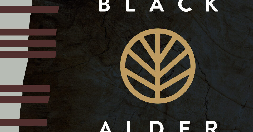 Black Alder Custom Carpentry Visual Identity Project. Circular leaf icon over wood textures