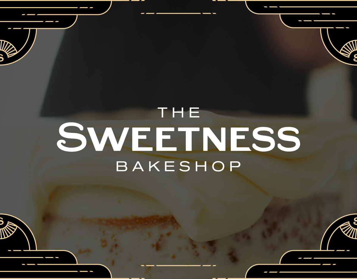 The Sweetness Bakeshop Visual Identity project. Art deco details over photo of a cake being iced
