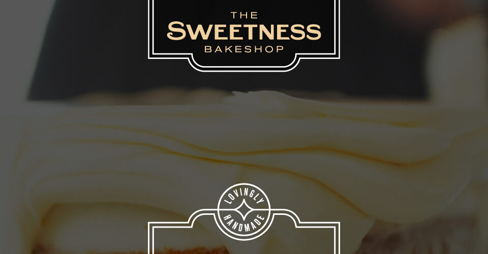 The Sweetness Bakeshop Visual Identity project. Art deco details over photo of a cake being iced