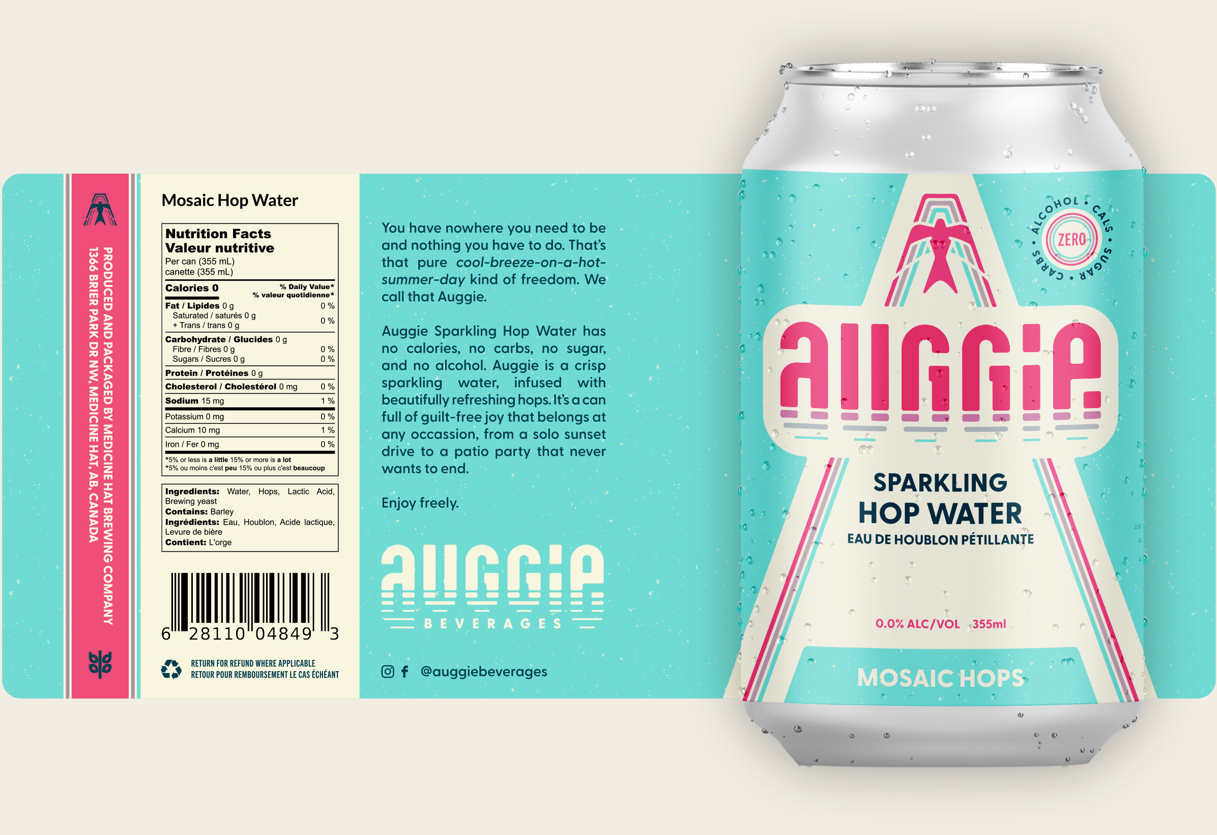 Auggie Beverages Mosaic Hop Water Label and Can