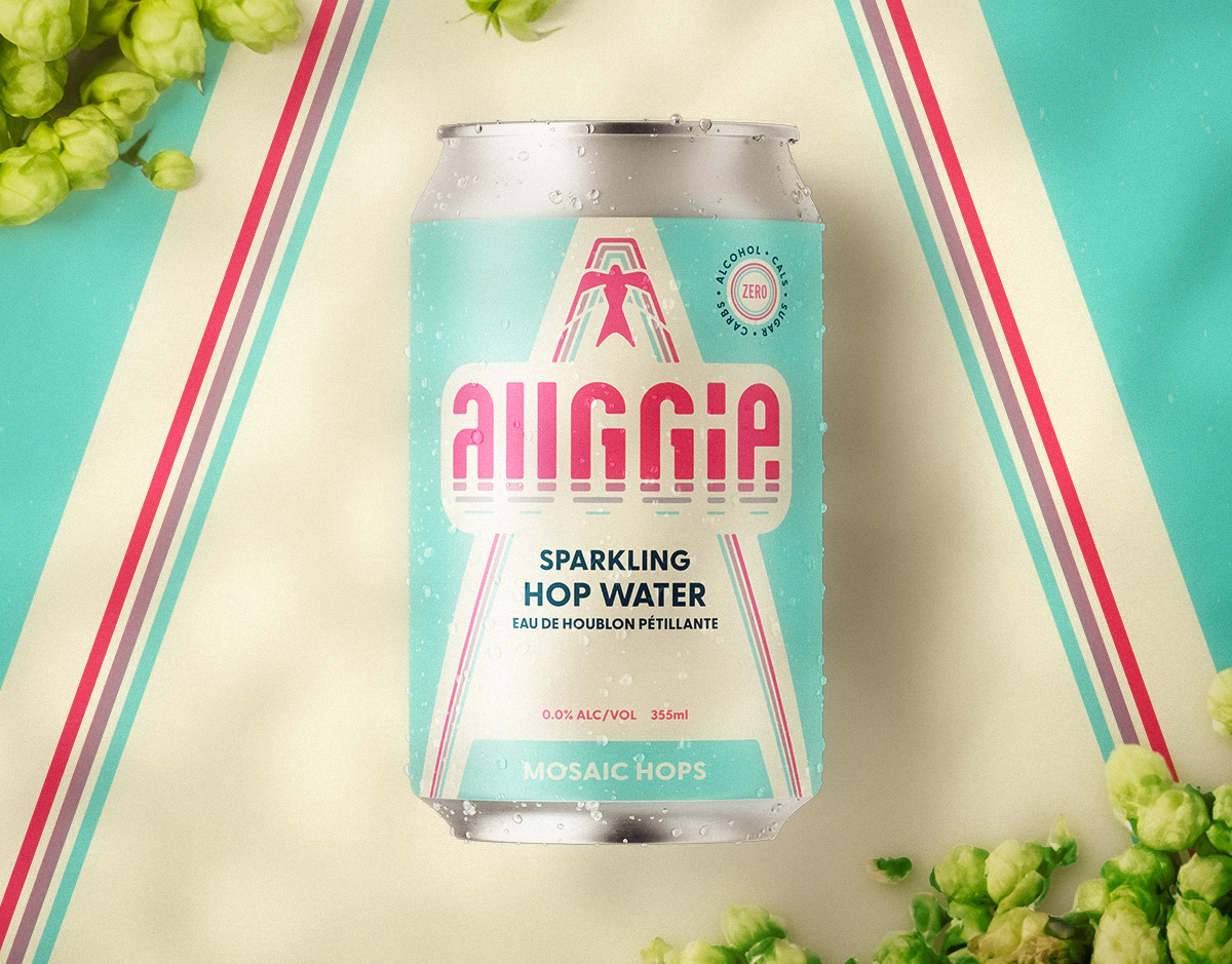 Auggie Beverages Branding, Brand Name, Visual Identity, and Packaging for a sparkling hop water RTD line of products