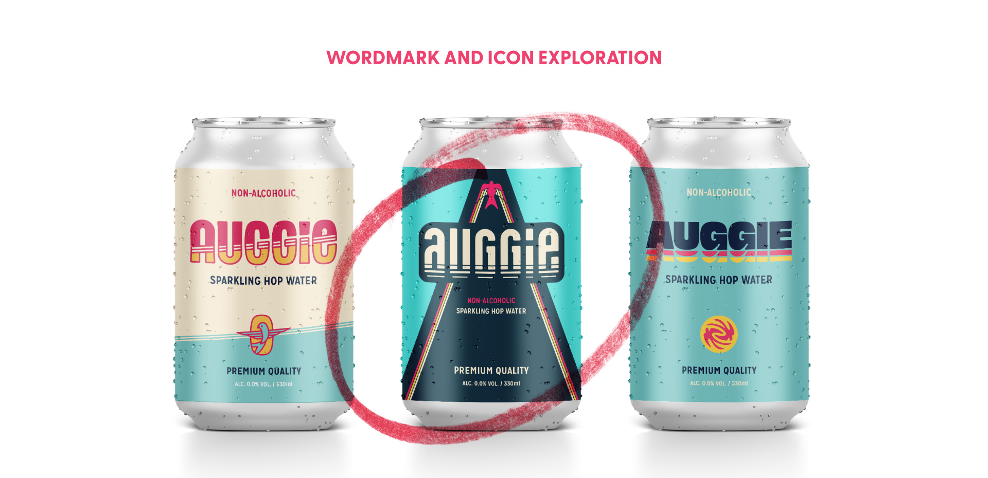 Auggie Beverages logo and icon exploration mocked up on cans