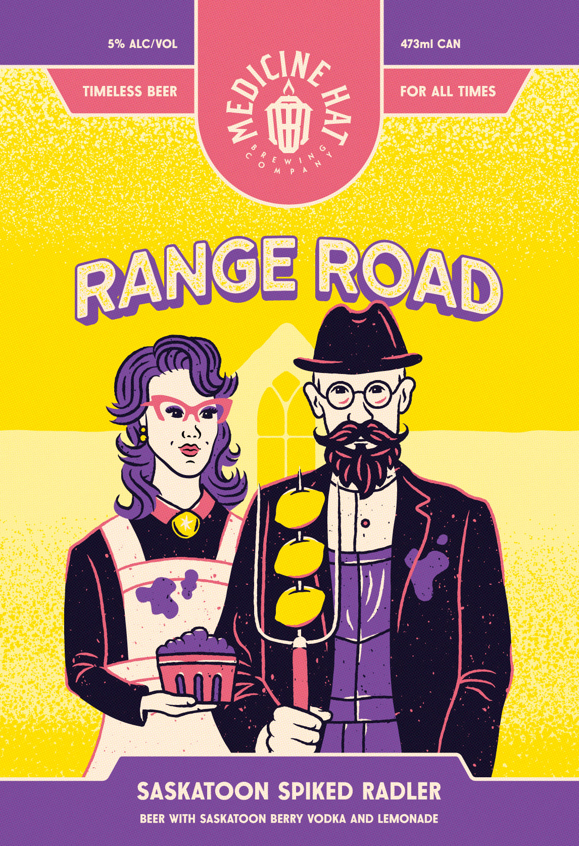 Medicine Hat Brewing Company - Range Road Saskatoon Spiked Radler beer label illustration