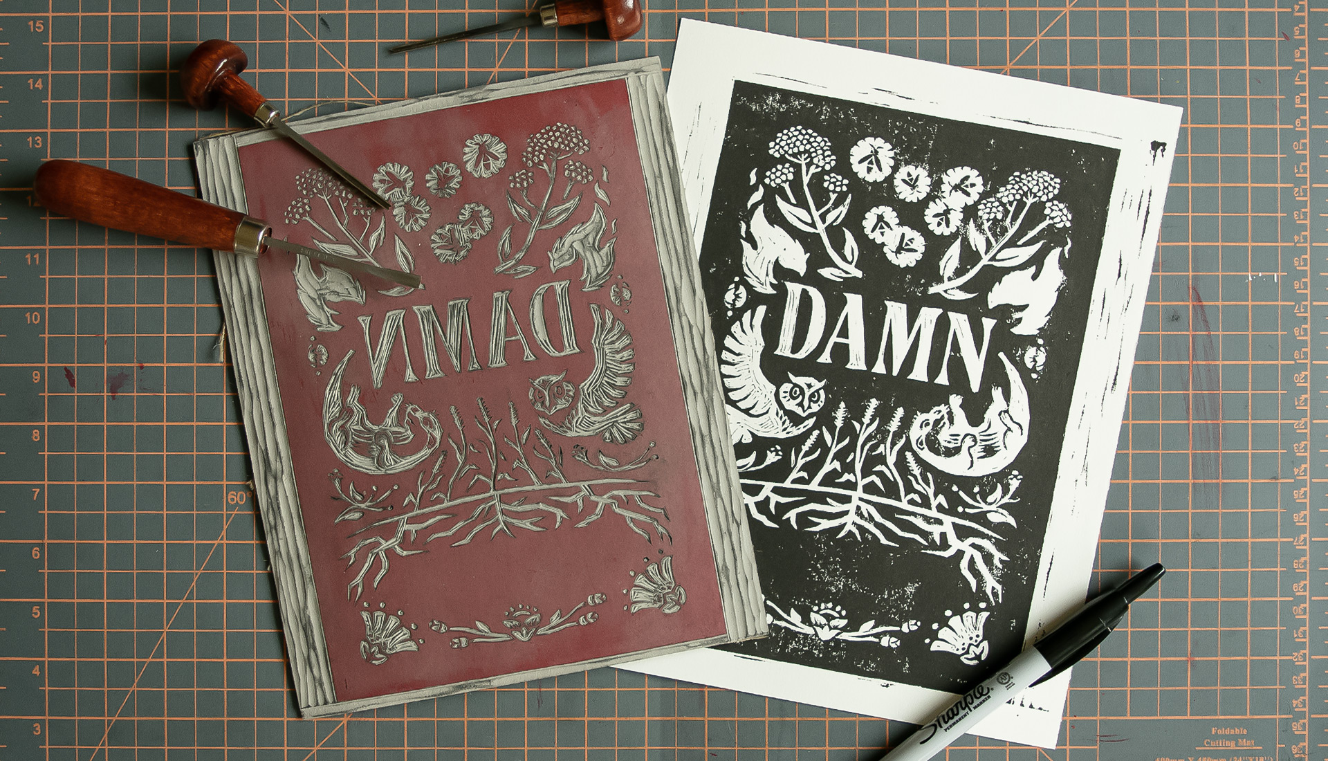 The Damn Rules book cover artwork linoleum relief print