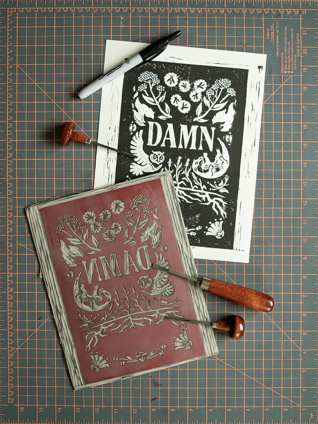 The Damn Rules book cover artwork linoleum relief print